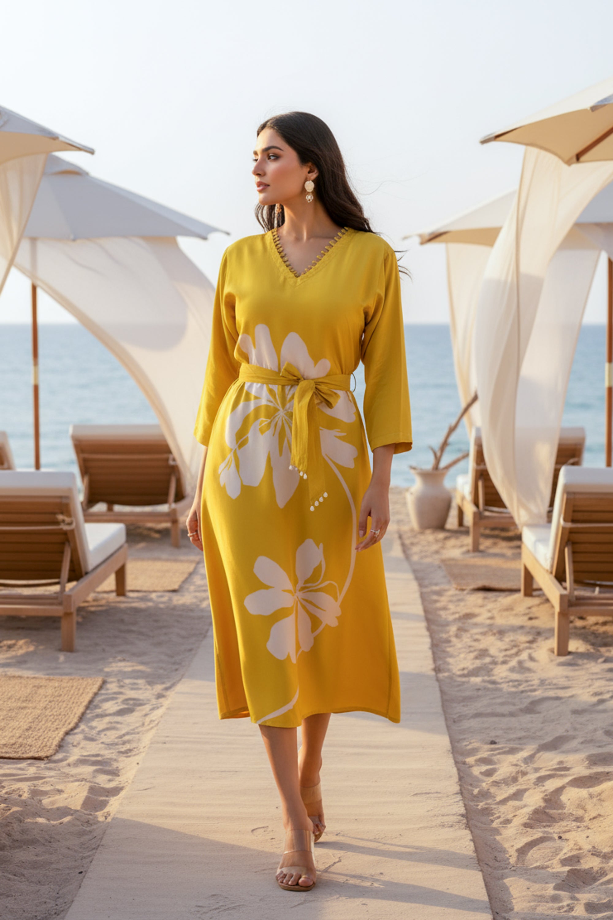 Yellow Floral Russian Silk Midi Dress