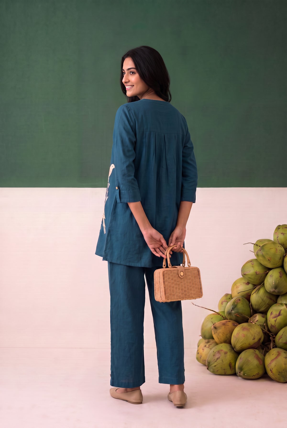 Teal Contrast Bird Motif Embroidered Cotton Flex Co-ord Set