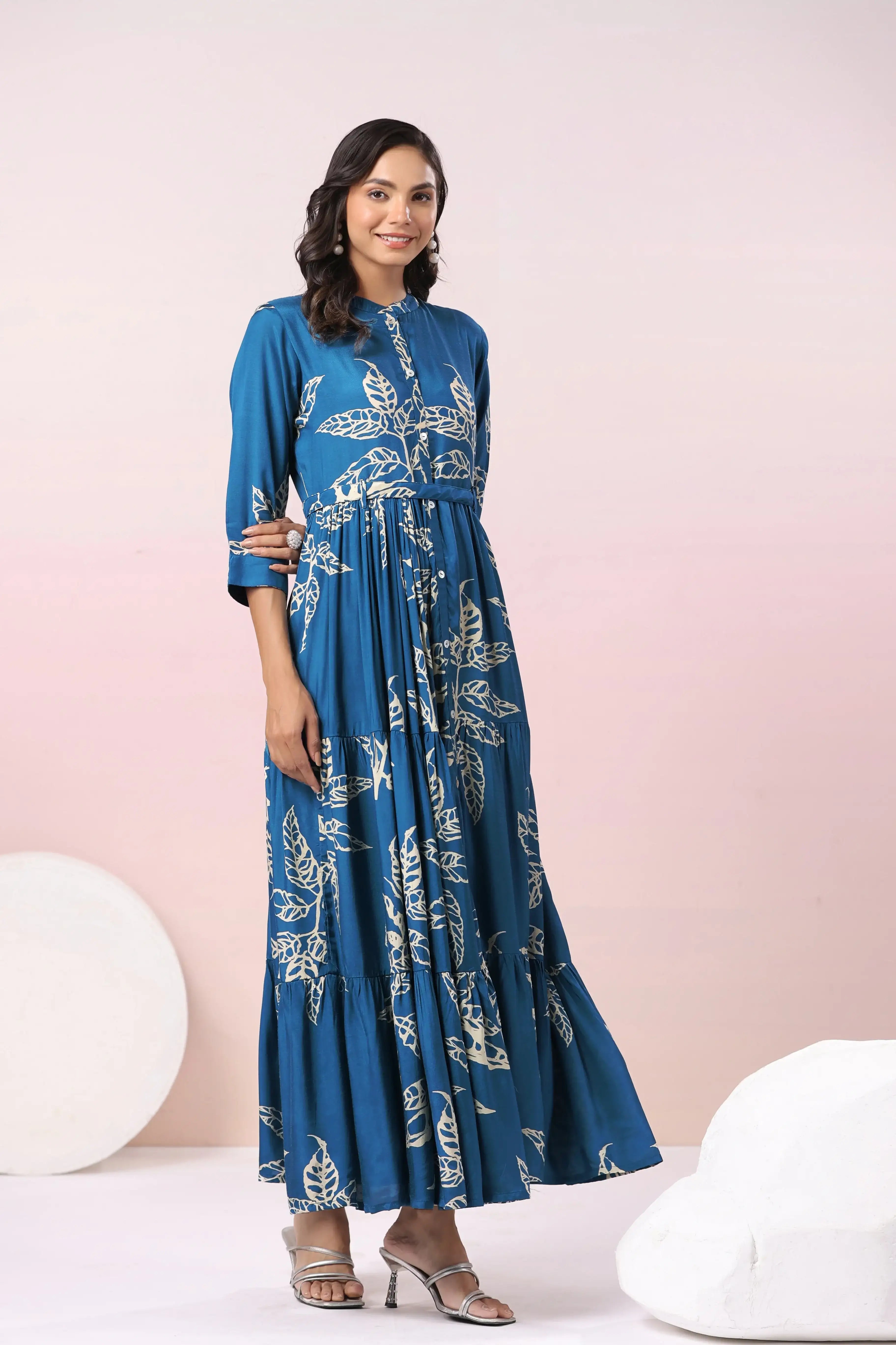 Azure Floral Elegance Russain Silk Dress