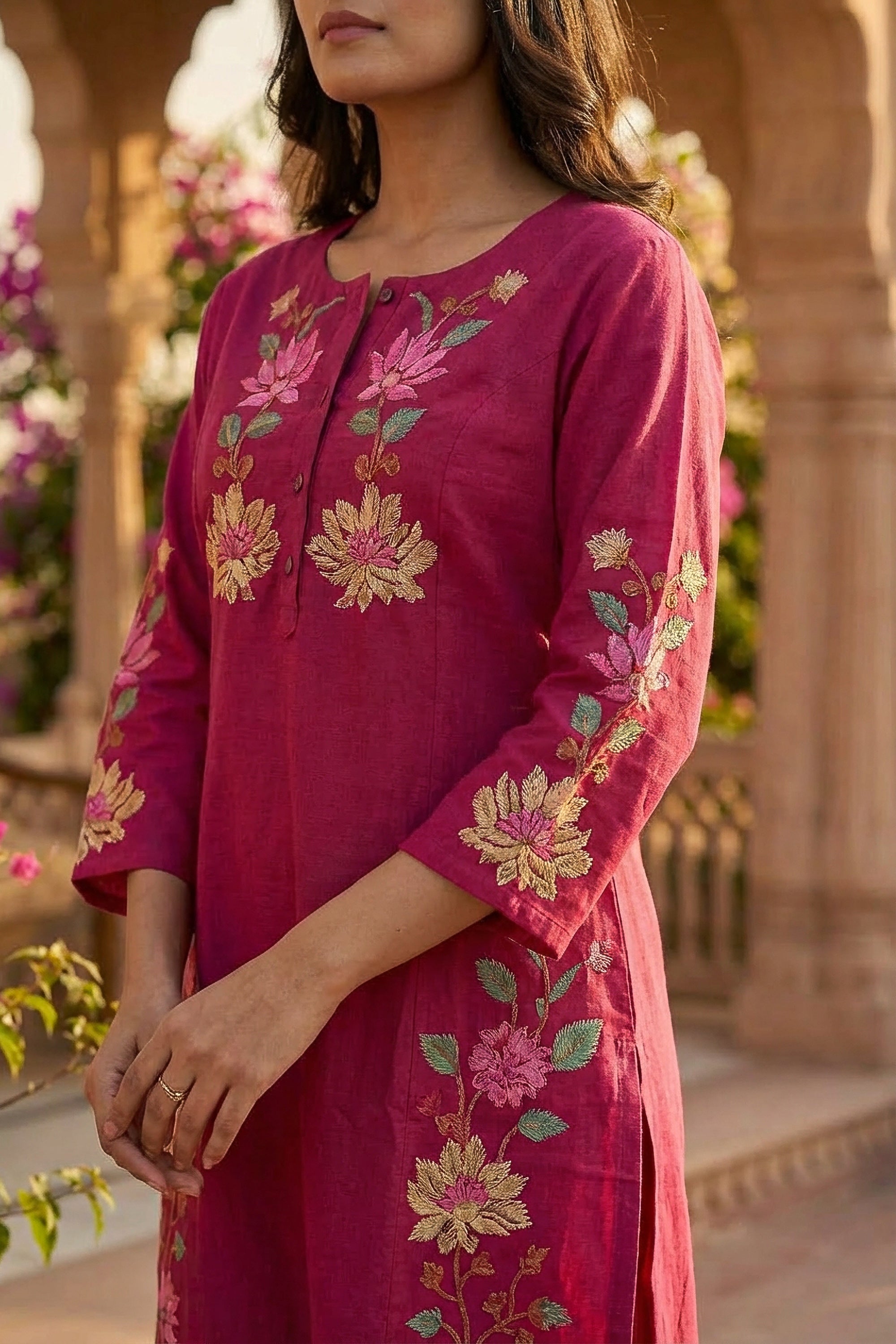 Pink Floral Embroidered Motif Cotton Flex Co-ord Set