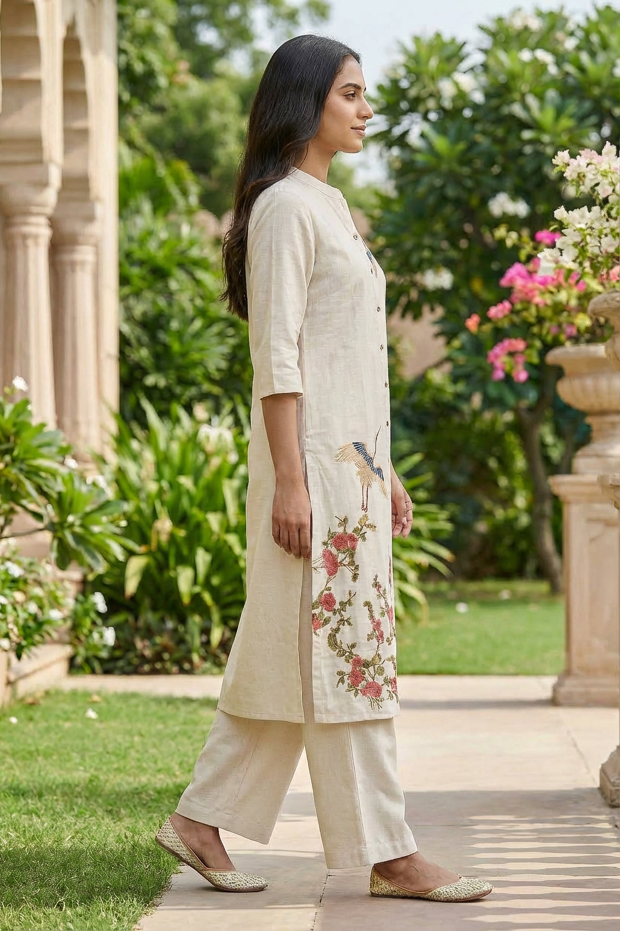 Off-White Crane Embroidered Cotton Flex Co-ord Set