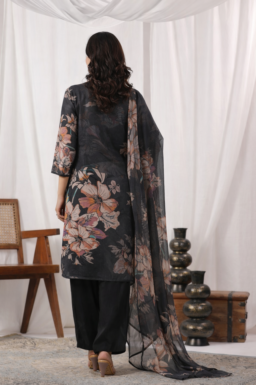 Black Floral Printed Russian Silk Straight Kurta Set with Dupatta
