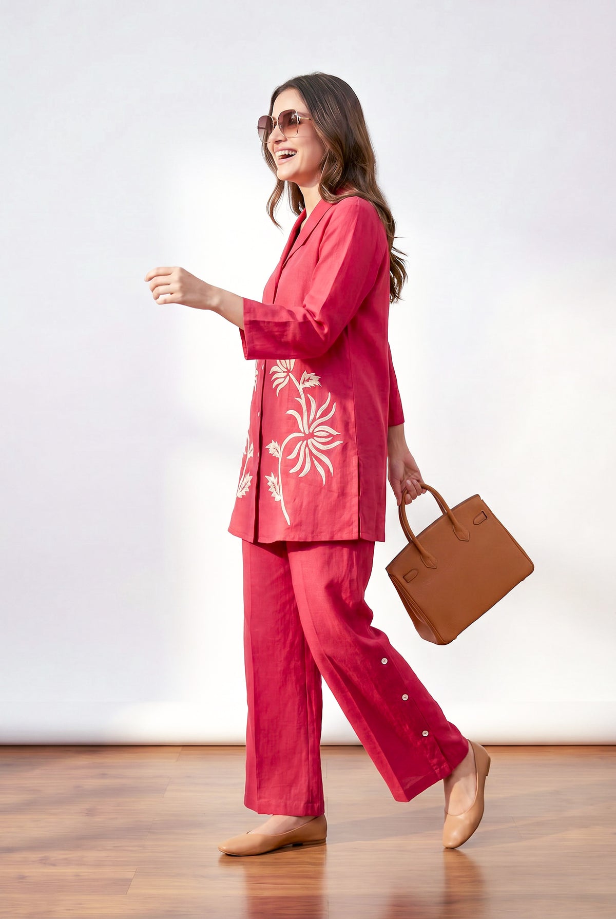Fuchsia Floral Embroidery Shirt Collar Cotton Flex Co-ord Set
