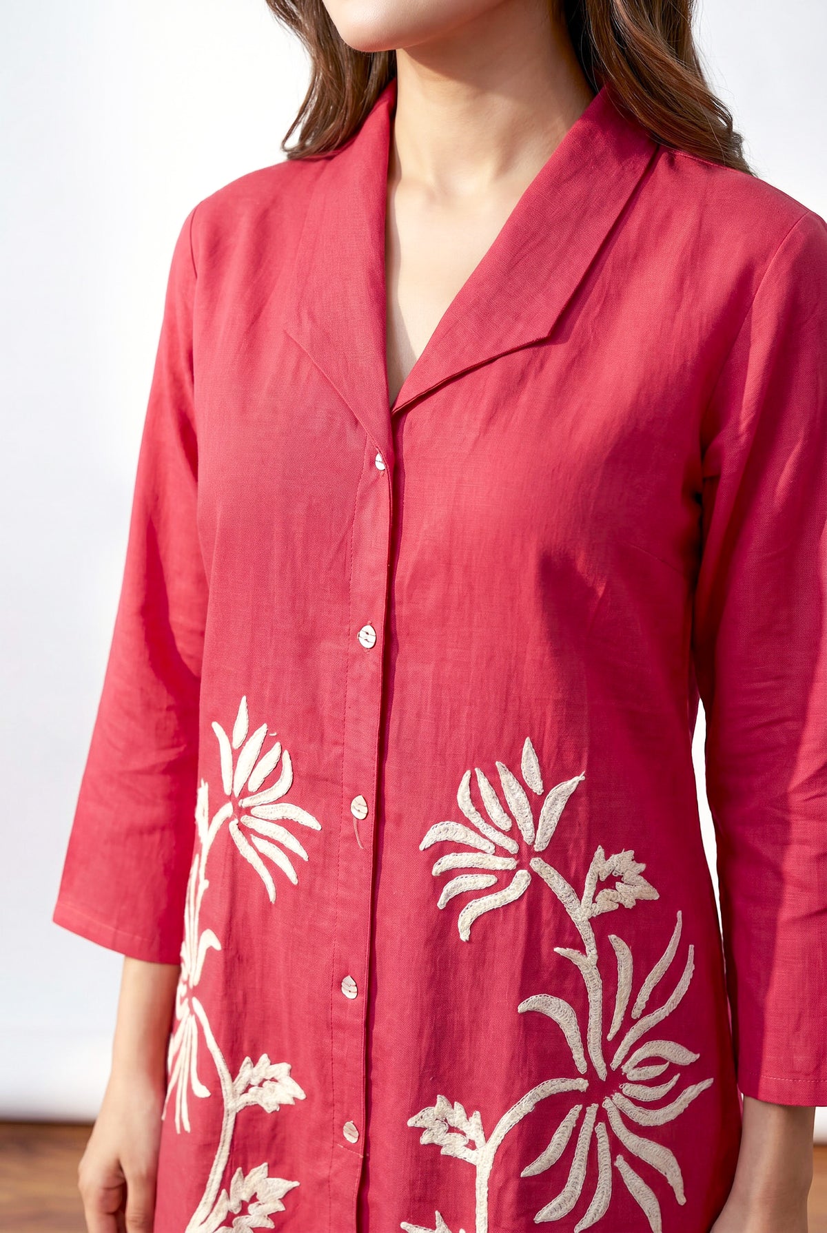 Fuchsia Floral Embroidery Shirt Collar Cotton Flex Co-ord Set