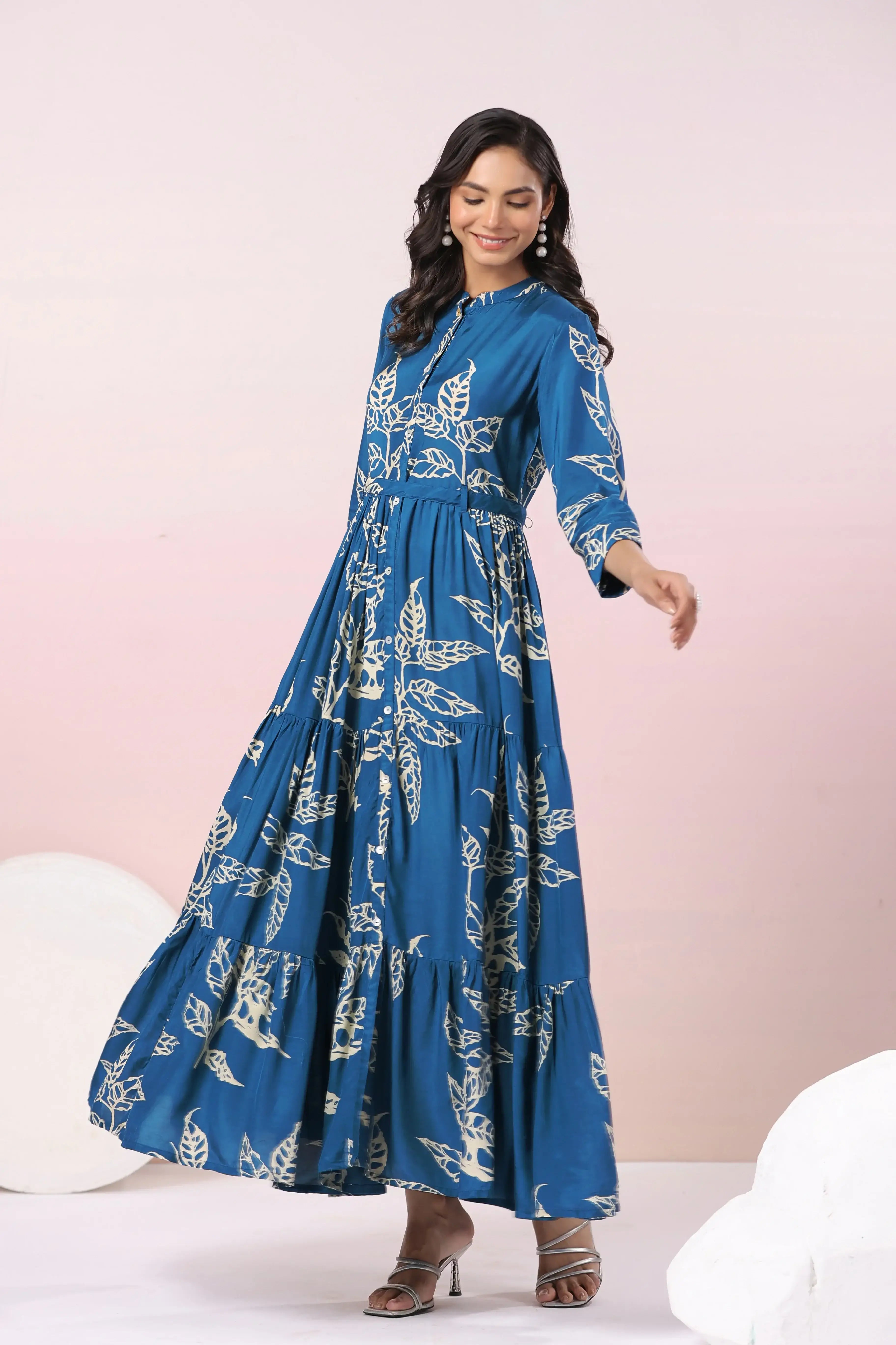 Azure Floral Elegance Russain Silk Dress