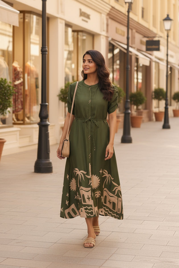 Olive Haven Scenic Printed Russian Silk Dress