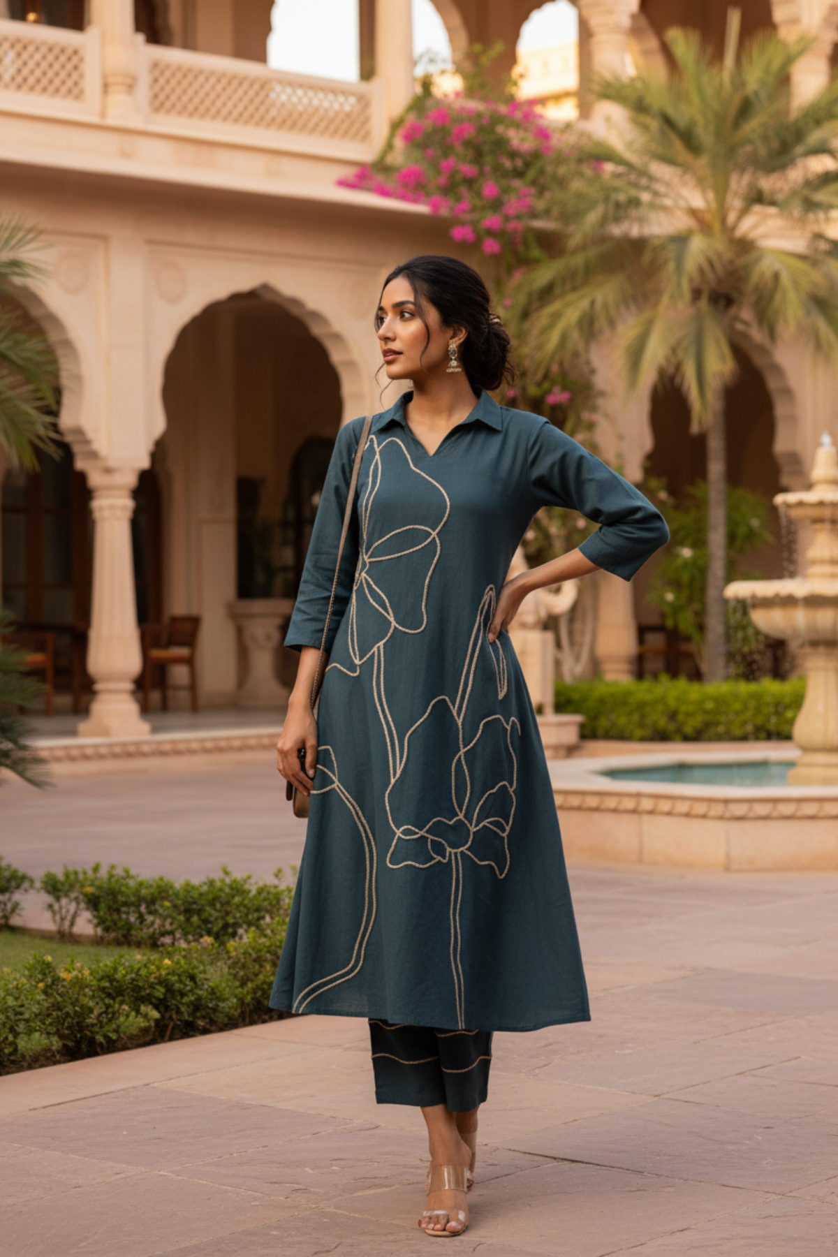 Charcoal Embroidered Cotton Flex Co-ord Set