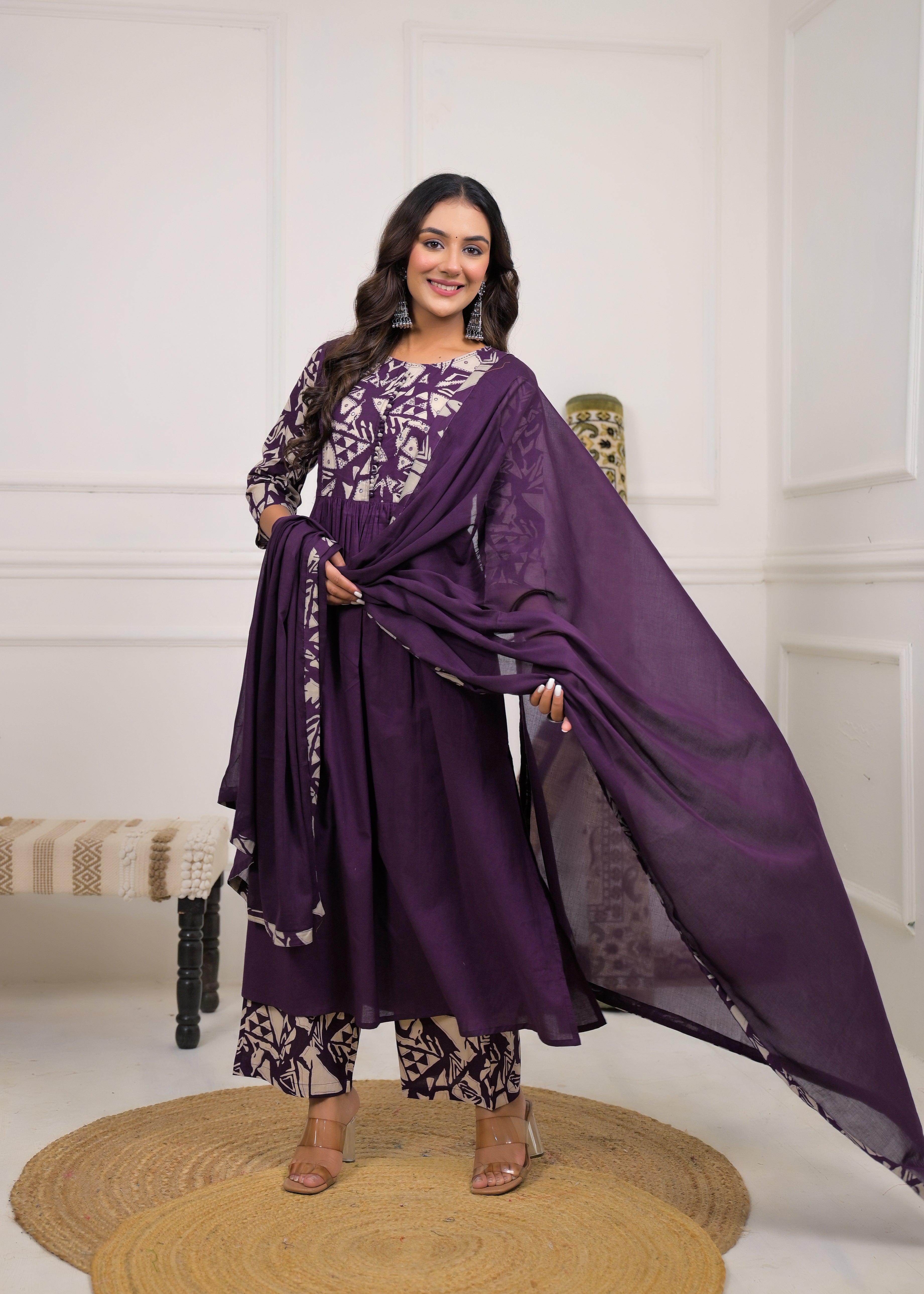 Purple Printed Anarkali Kurta Set with Dupatta