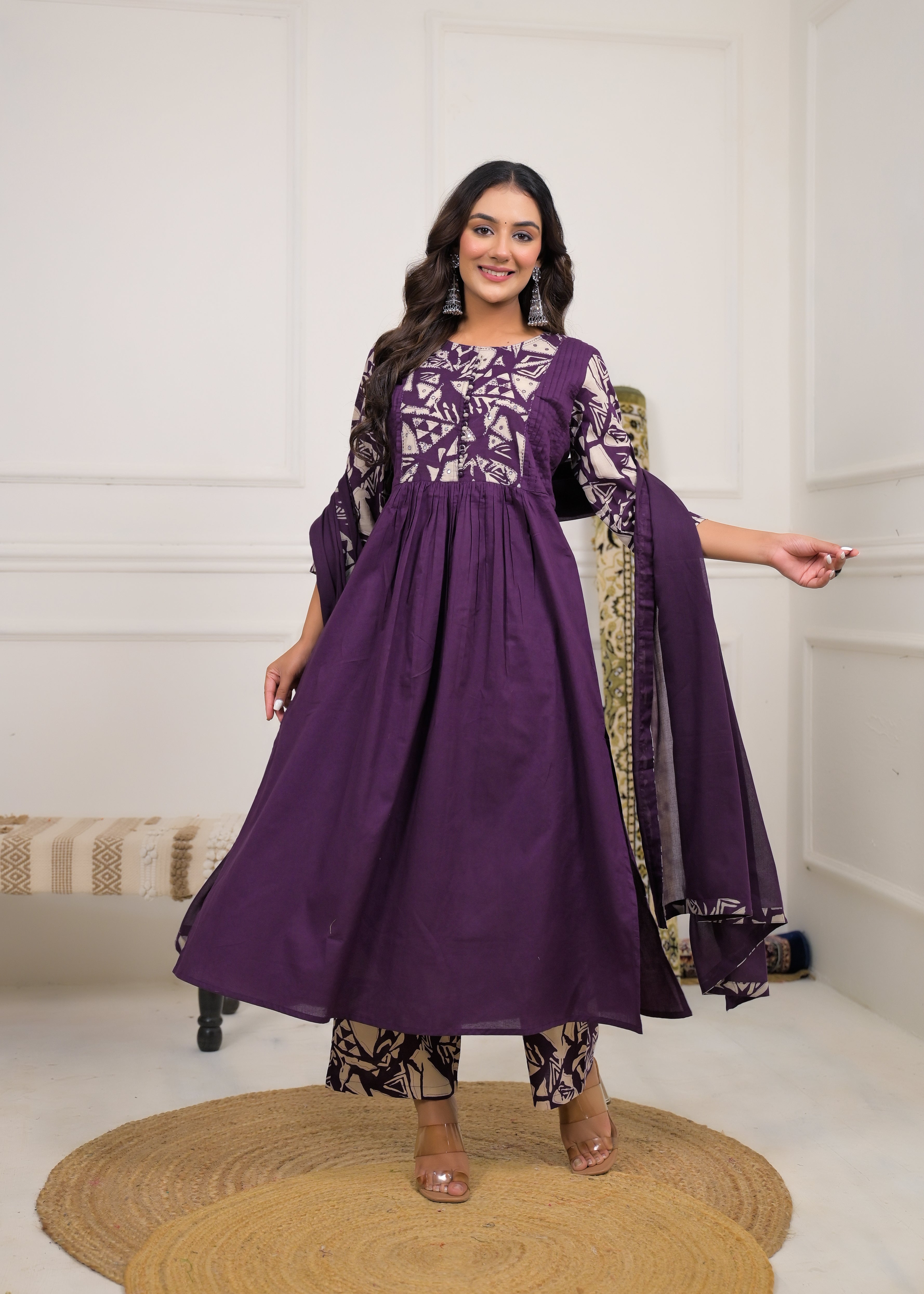 Purple Printed Anarkali Kurta Set with Dupatta