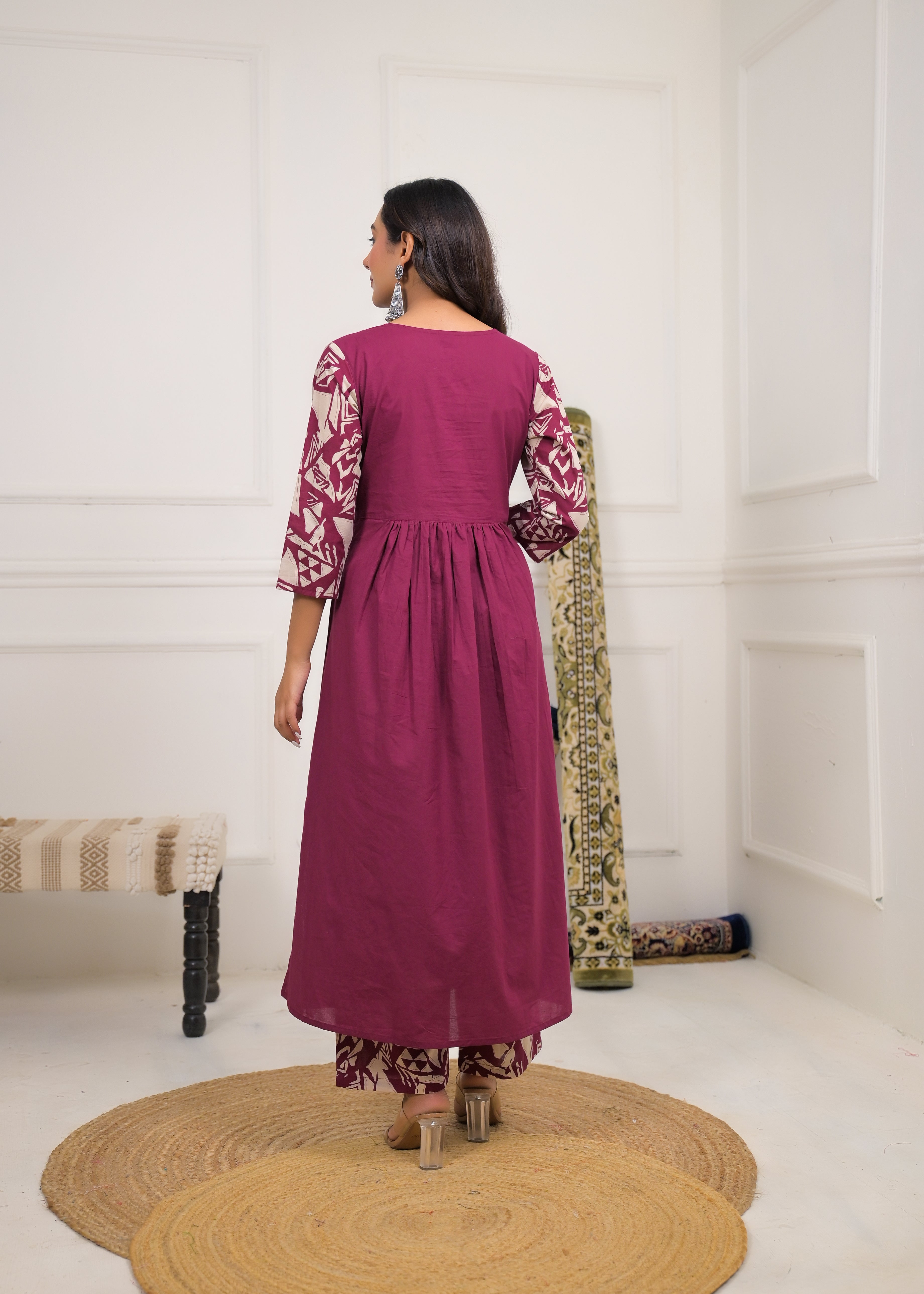 Maroon Printed Anarkali Kurta Set with Dupatta