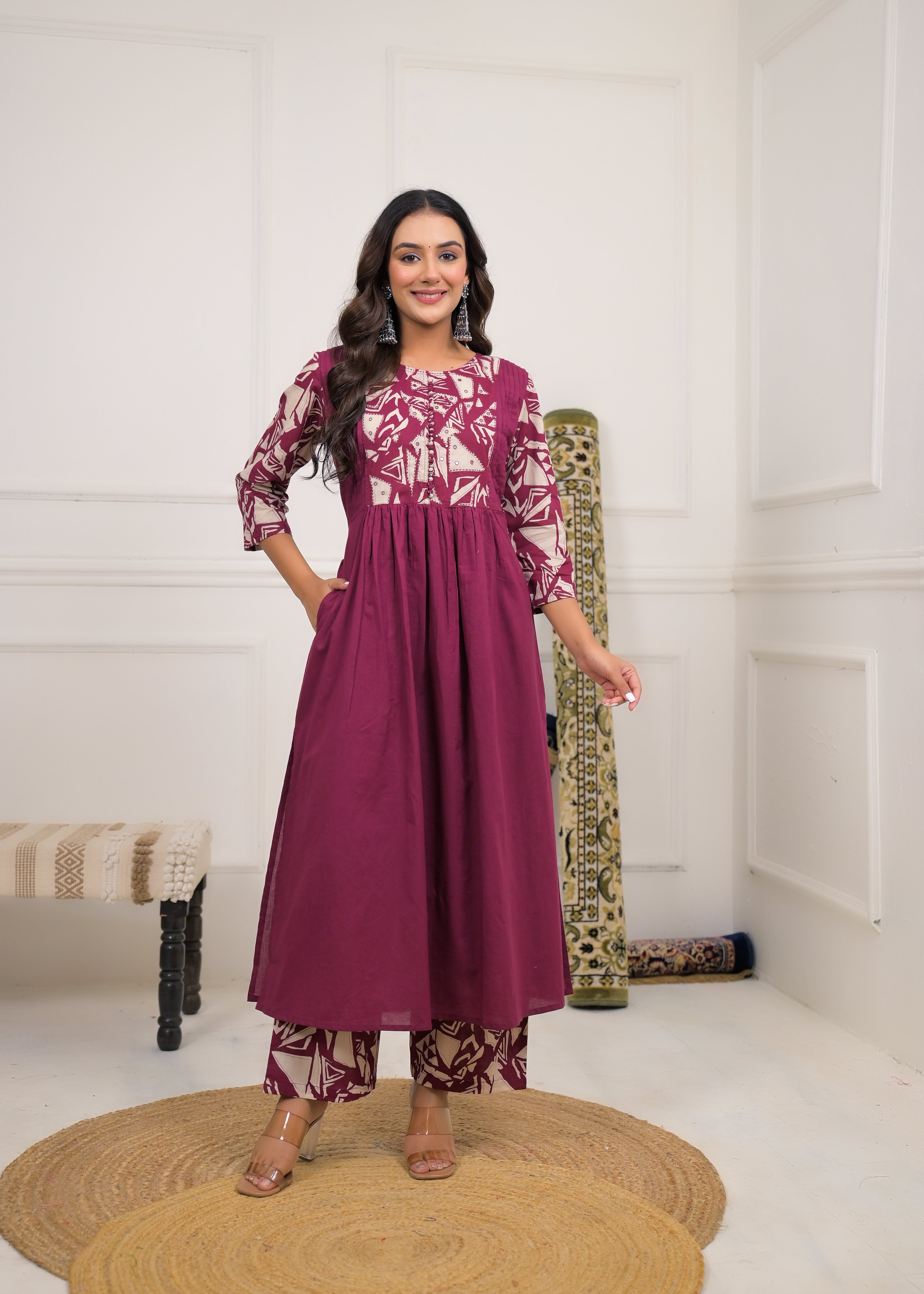 Maroon Printed Anarkali Kurta Set with Dupatta