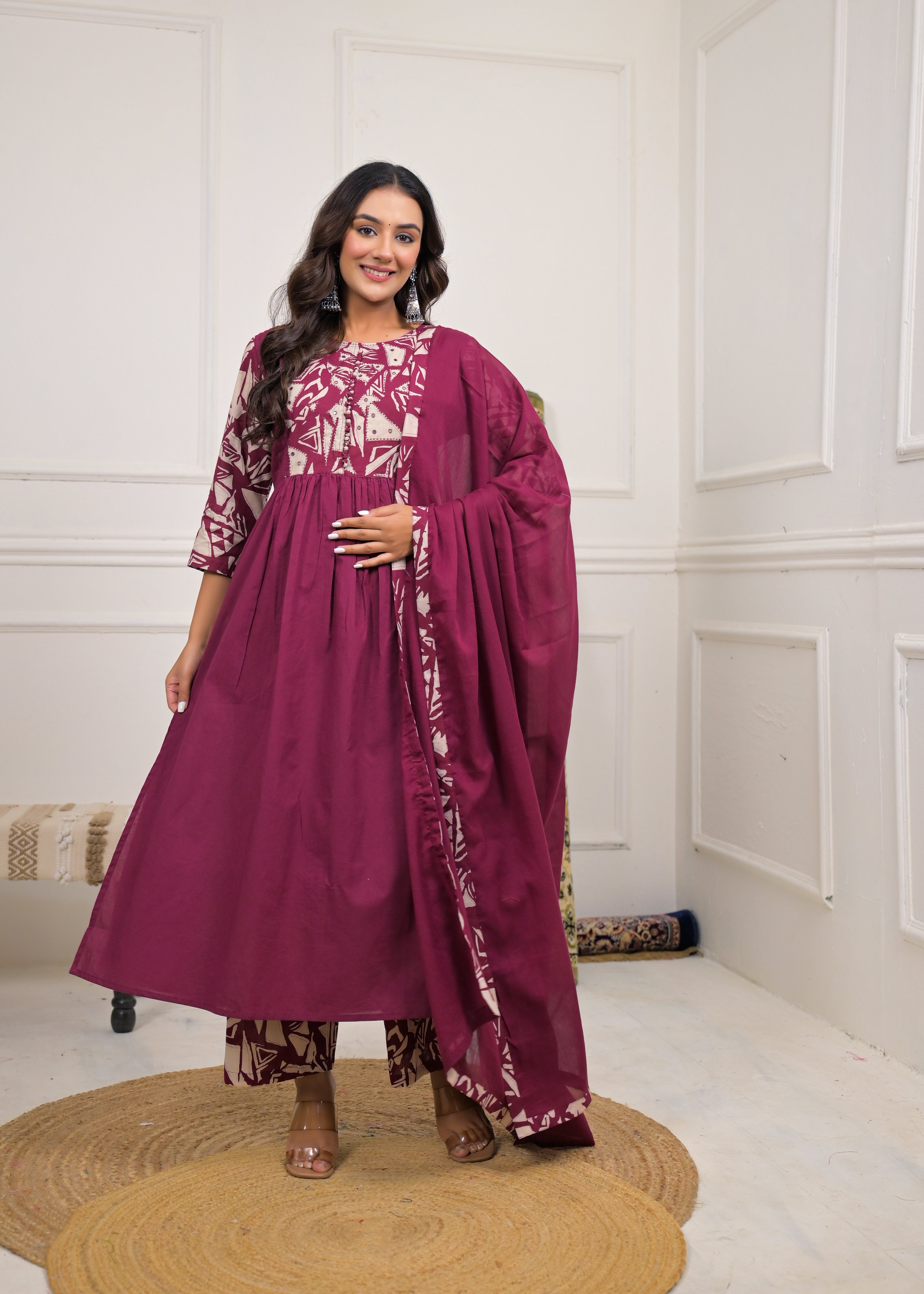 Maroon Printed Anarkali Kurta Set with Dupatta