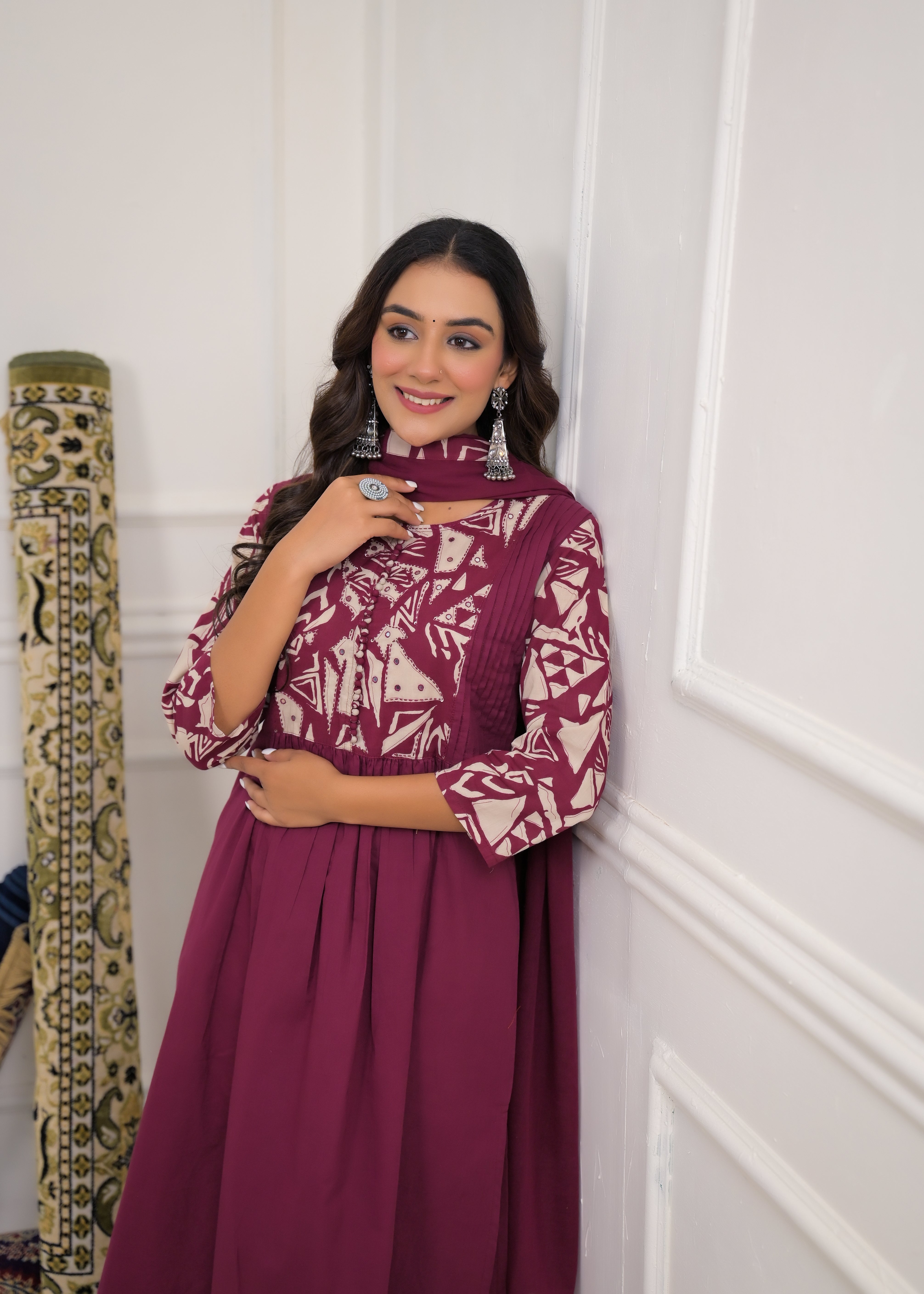 Maroon Printed Anarkali Kurta Set with Dupatta