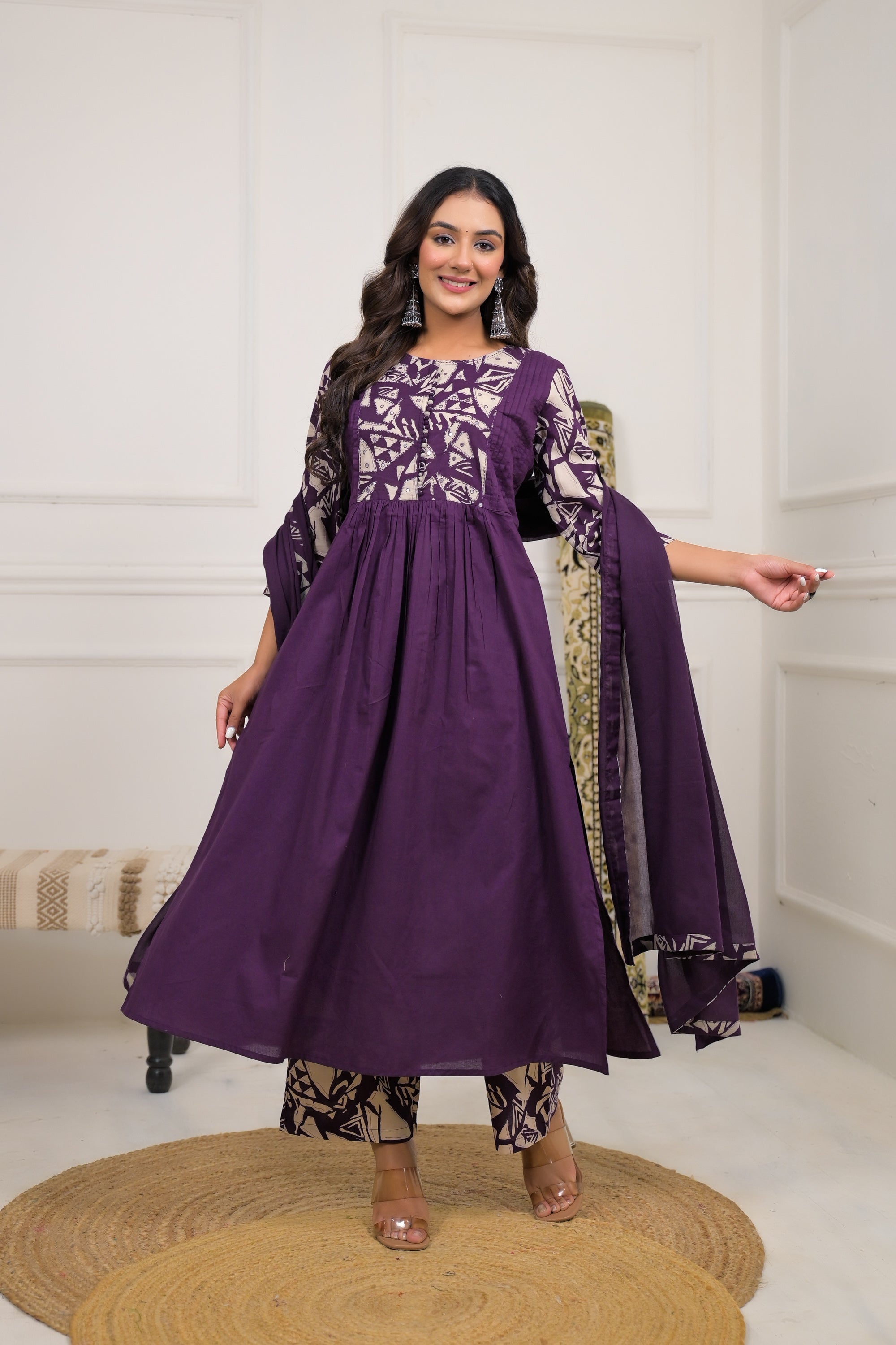 Purple Printed Cotton Anarkali Kurta Set with Dupatta