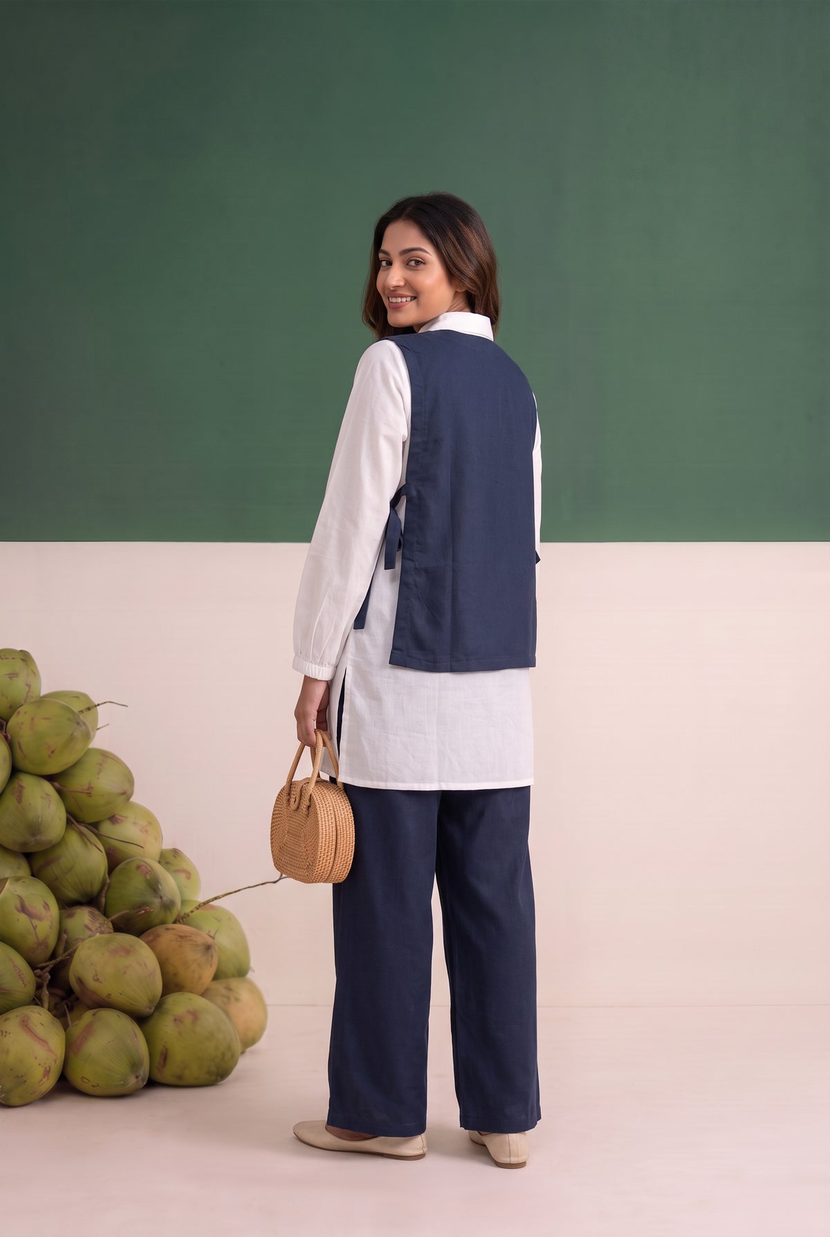 Blue Embroidered Patchwork Waistcoat Cotton Three-Piece Set