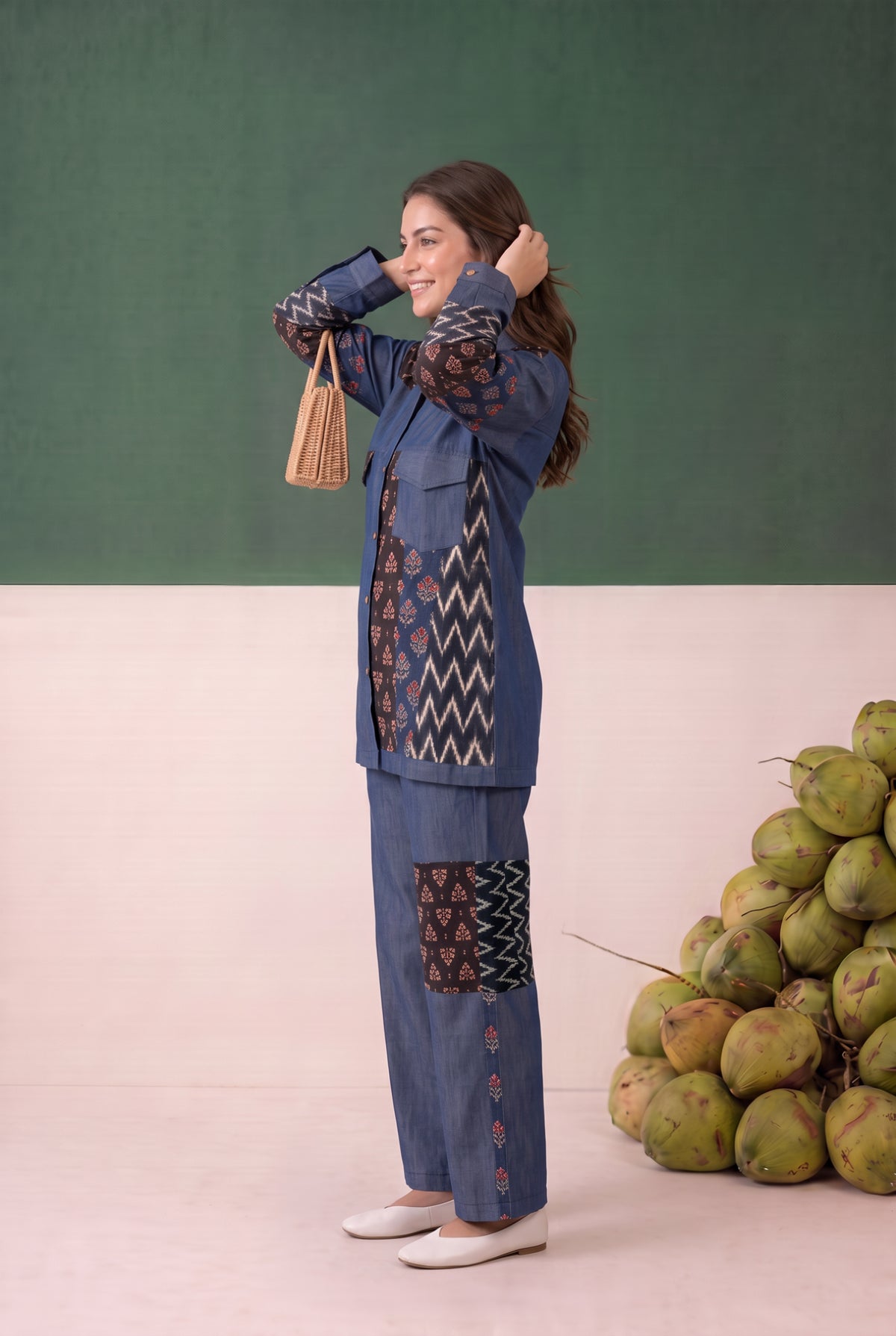 Blue Geometric and Floral Printed Patchwork Denim Cottom Co-ord Set