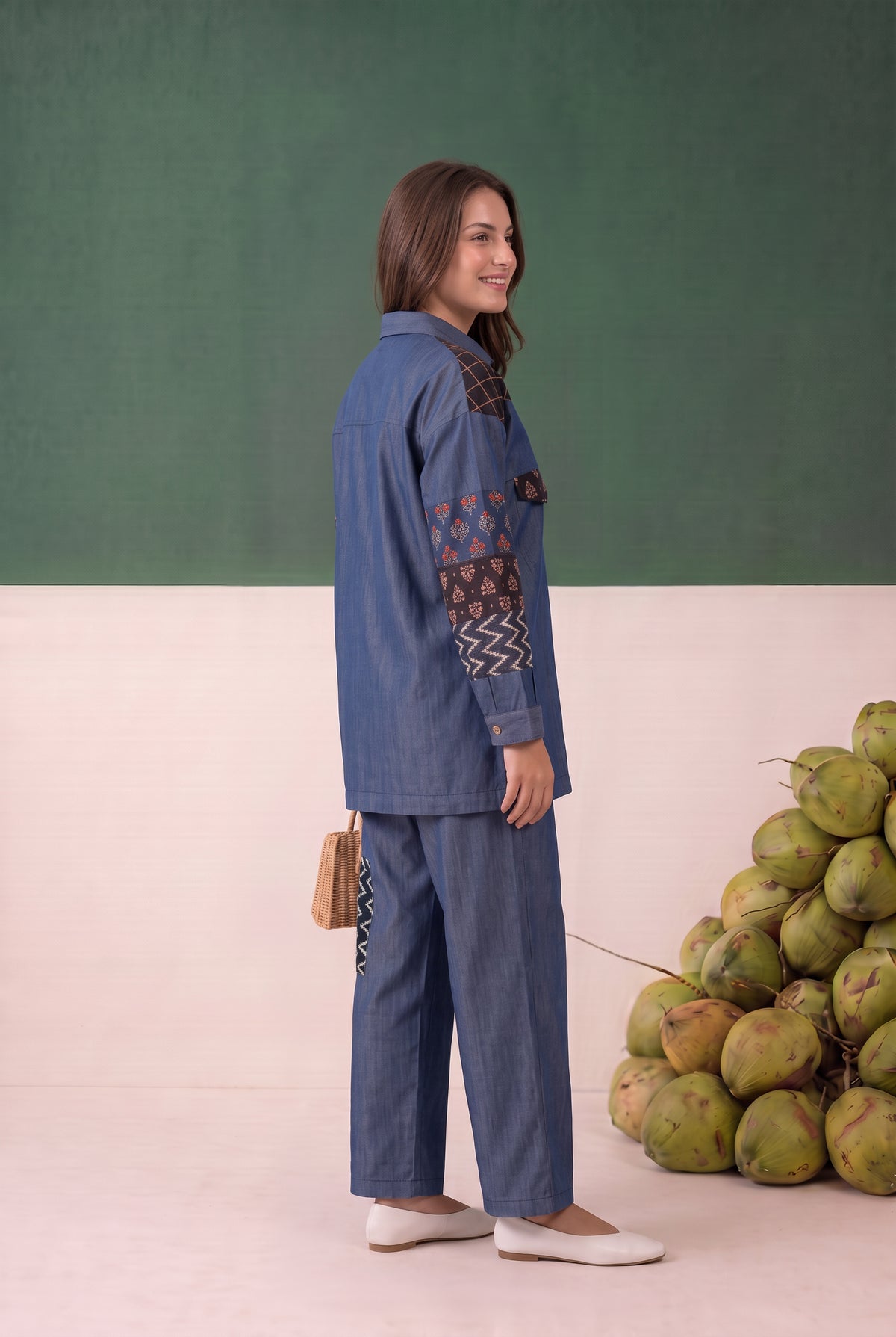 Blue Geometric and Floral Printed Patchwork Denim Cottom Co-ord Set