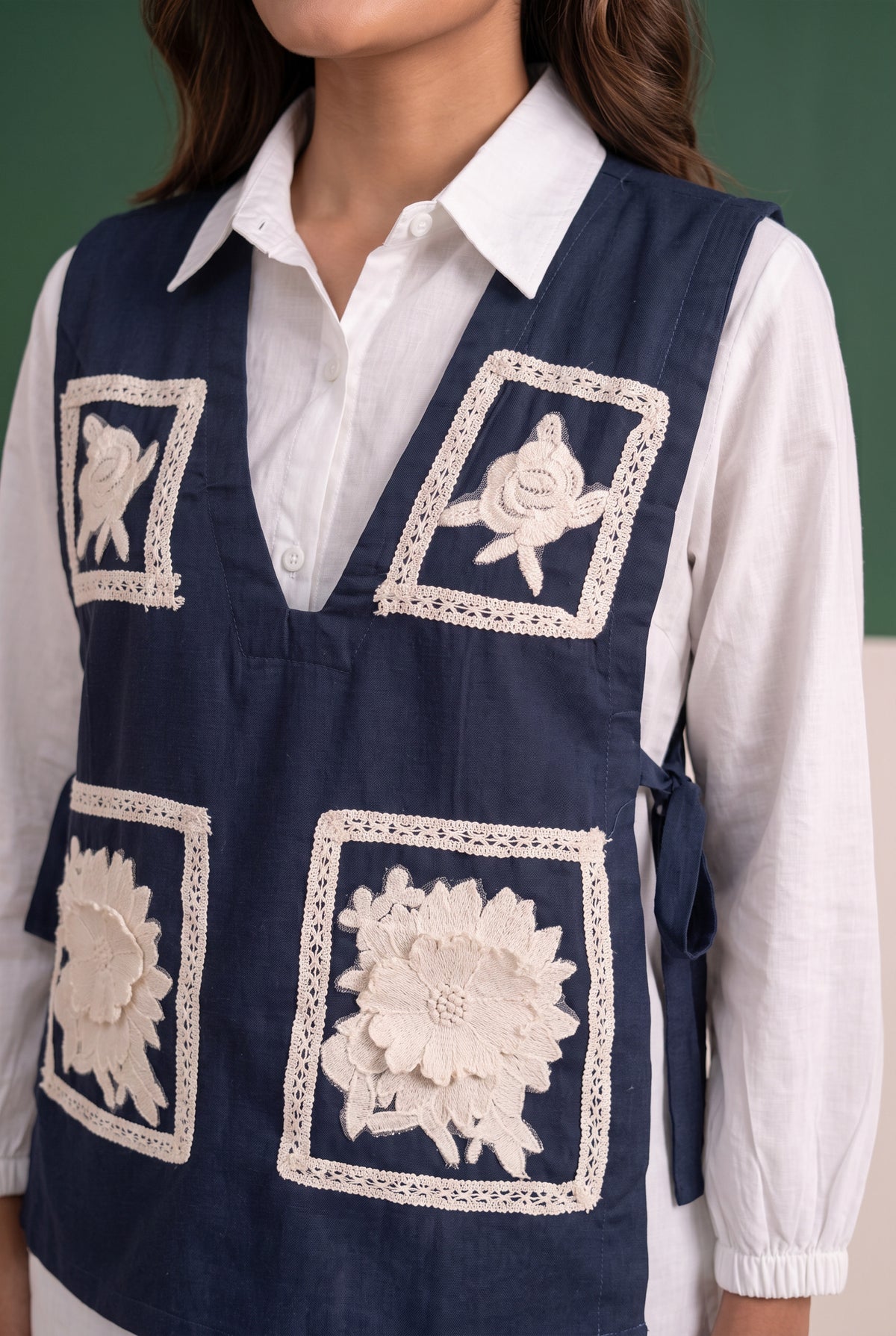 Blue Embroidered Patchwork Waistcoat Cotton Three-Piece Set