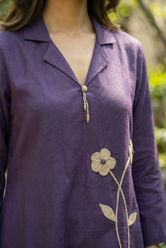 Plum Purple Floral Motif Embroidered Cotton Co-ord Set