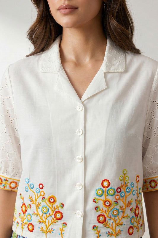 White Heritage Motif Embroidered Shirt & Blue Printed Trouser Co-ord Set