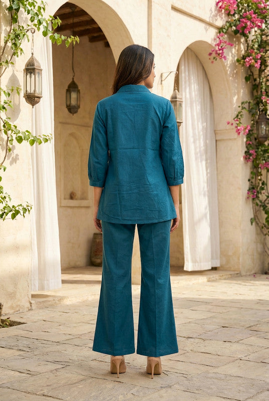 Teal Blue Floral Embroidered Shirt Style Cotton Co-ord Set