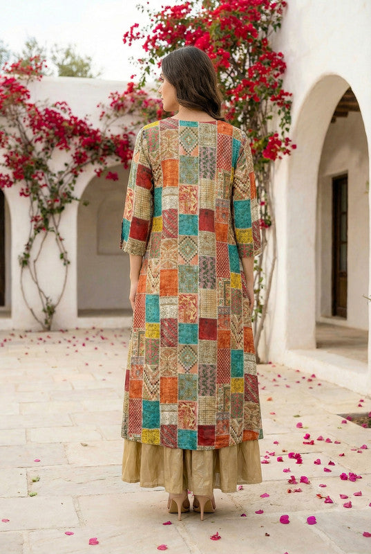 Multicolor Patchwork with Beige Anarkali Russian Silk Long Shrug Set