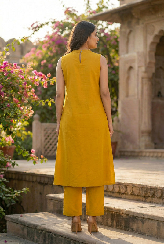 Mustard Yellow Floral Embroidered Sleeveless Cotton Co-ord Set