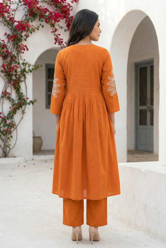 Rust Orange Pleated with Leaf Embroidery Cotton Co-ord Set