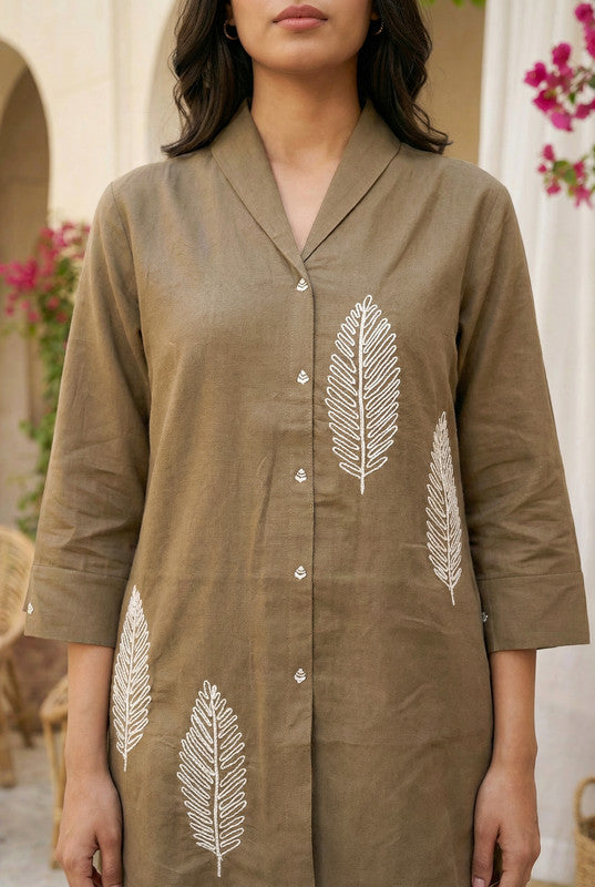 Brown Button-Down Embroidered Shirt Style Cotton Co-ord Set