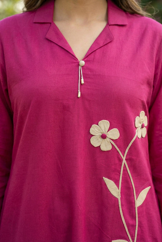 Dark Pink Floral Embroidered A-Line Cotton Co-ord Set