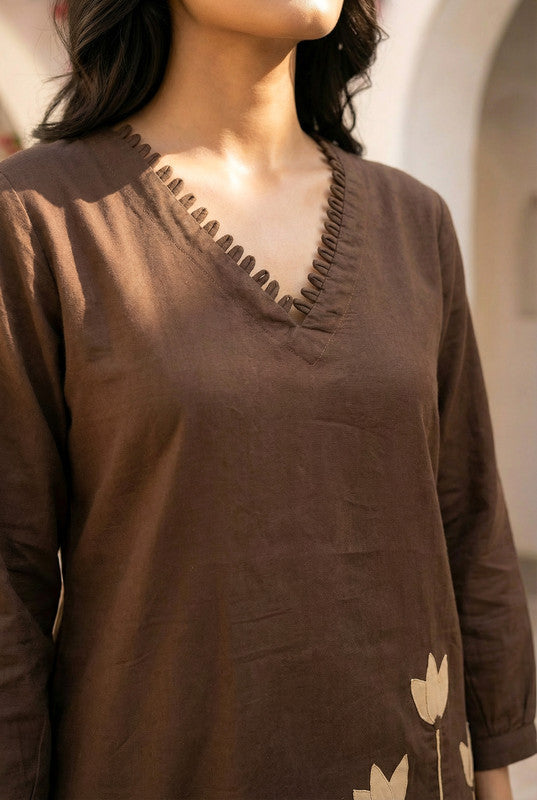 Brown Floral Embroidered Straight Cotton Co-ord Set