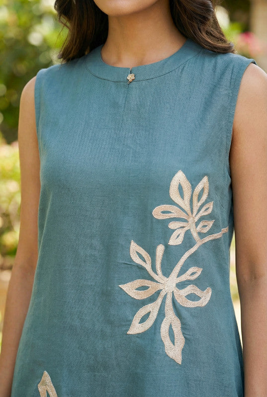 Blue Sleeveless A-Line Floral Embroidered Cotton Flex Co-ord Set