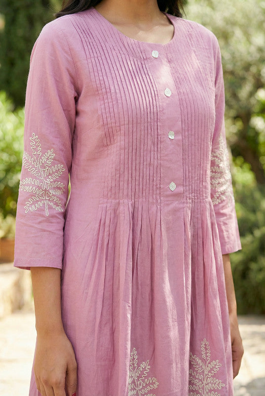 Pink Pintuck A-Line Leaf Embroidery Cotton Flex Co-ord Set