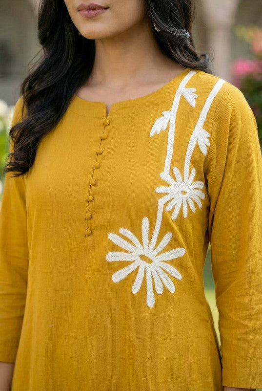 Yellow Floral A-Line Embroidery Cotton Kurta Pant Set with Dupatta