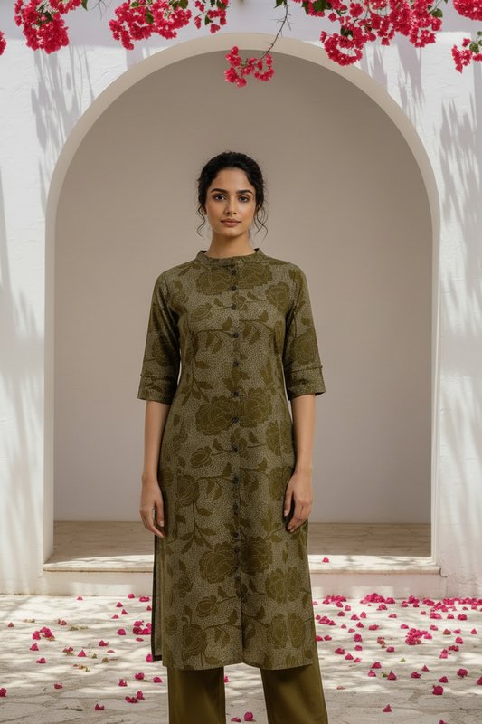 Olive Green Textured Button Kurta Pant Set