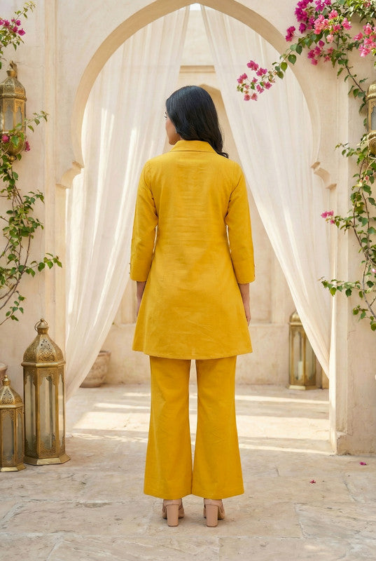 Mustard Yellow Leaf Embroidered Cotton Flex Co-ord Set