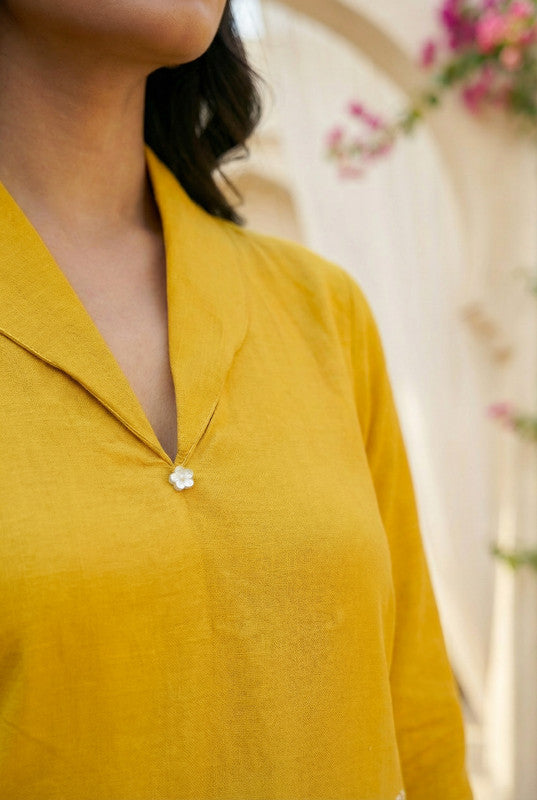 Mustard Yellow Leaf Embroidered Cotton Flex Co-ord Set