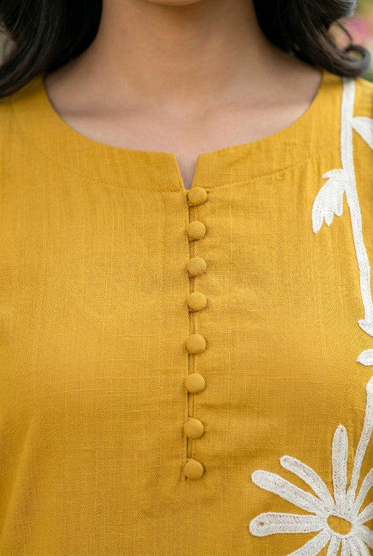 Yellow Floral A-Line Embroidery Cotton Kurta Pant Set with Dupatta