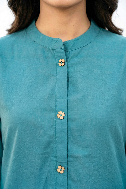 Teal Floral Embroidered Button-Down Cotton Flex Co-ord Set