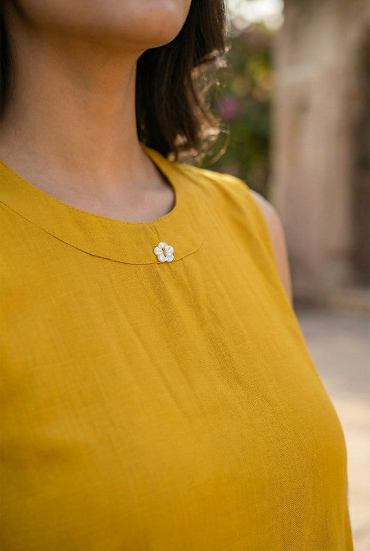 Mustard Yellow Floral Embroidered Sleeveless Cotton Co-ord Set