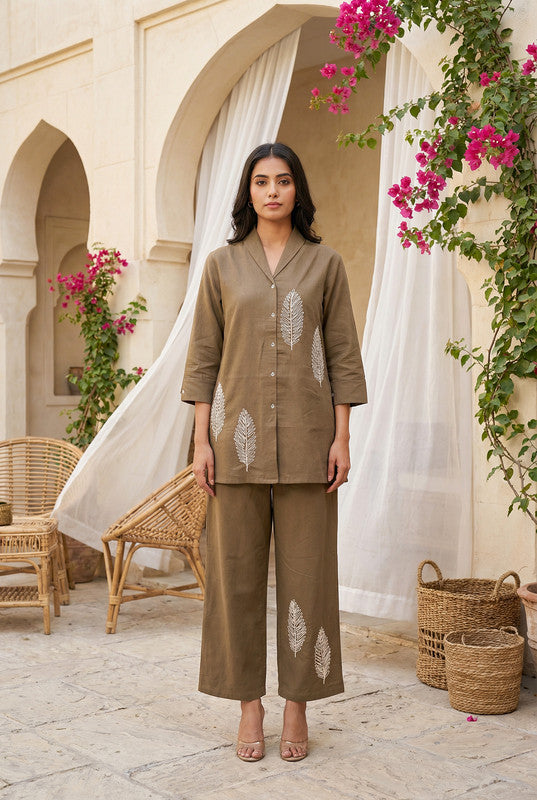 Brown Button-Down Embroidered Shirt Style Cotton Co-ord Set