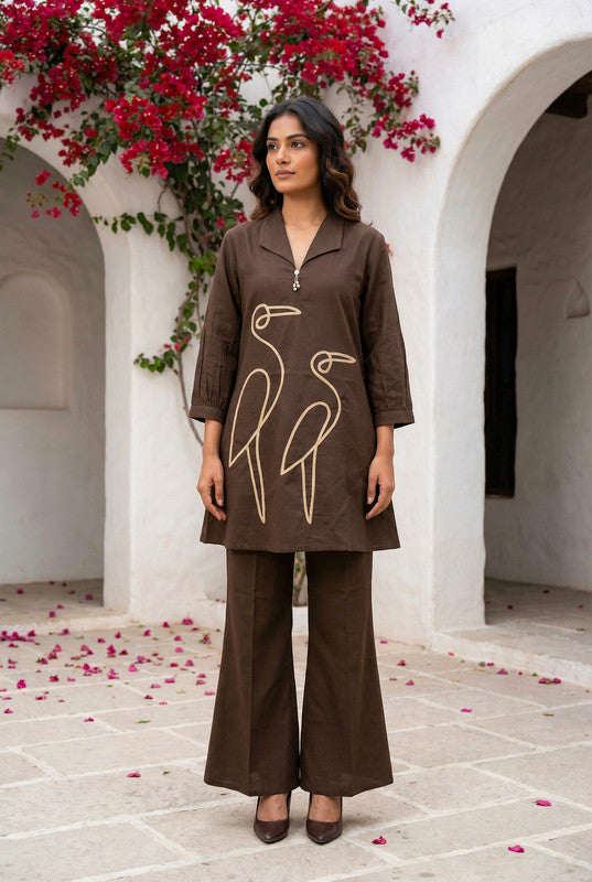 Elegant Brown Bird Design Embroidered Cotton Co-ord Set