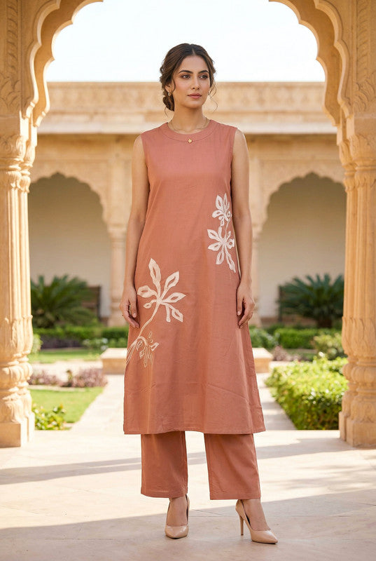 Peach Floral Embroidered Sleeveless Straight Cotton Co-ord Set