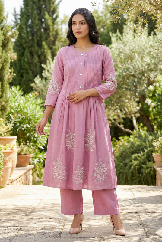 Pink Pintuck A-Line Leaf Embroidery Cotton Flex Co-ord Set