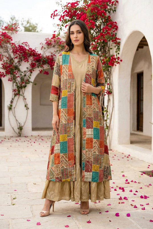Multicolor Patchwork with Beige Anarkali Russian Silk Long Shrug Set