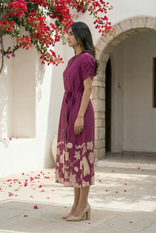 Printed Purple Russian Silk A-Line Dress with Front Buttons & Statement Print Border