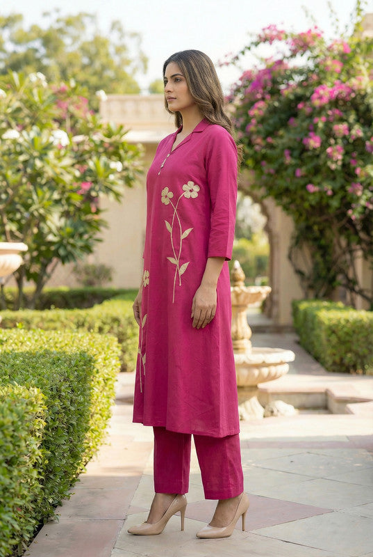 Dark Pink Floral Embroidered A-Line Cotton Co-ord Set