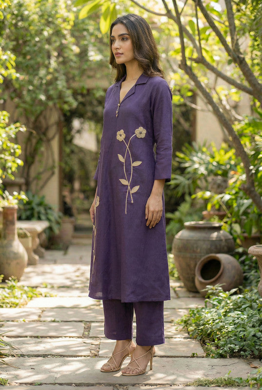 Plum Purple Floral Motif Embroidered Cotton Co-ord Set