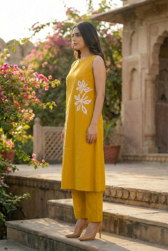 Mustard Yellow Floral Embroidered Sleeveless Cotton Co-ord Set