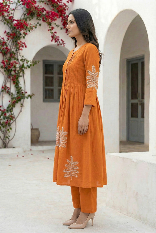 Rust Orange Pleated with Leaf Embroidery Cotton Co-ord Set